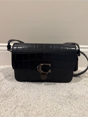 Coach Black Croc-Embossed Leather Crossbody with Signature 'C' Turnlock